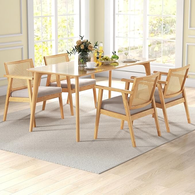 GOFLAME Rattan Accent Chairs Set of 4 Comfy Mid-Century Modern Cane Lounge Armchairs with Rattan Back &amp Removable Seat Cushion Reading Chairs with Solid Rubber Wood Frame for Living Room Bedroo
