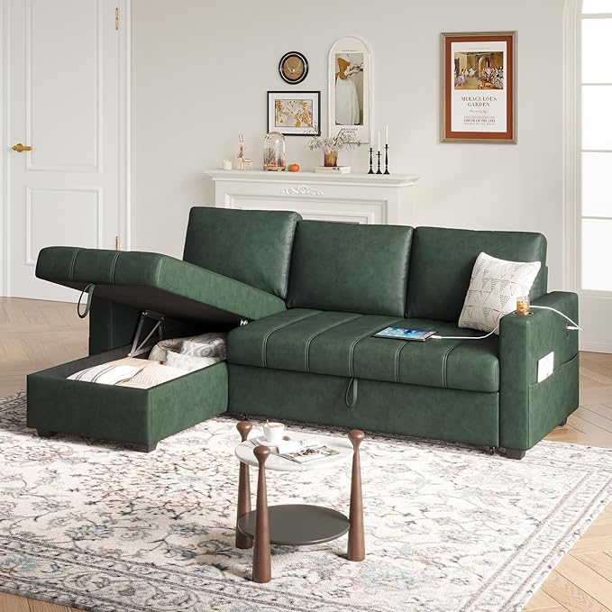 Fadware 89” L Shape Sofa Sleeper Sectional Sofa Bed with Hidden Storage&amp Side Pocket Anti-scratch Faux Leather Couch Bed with ChargePort&amp CupHolder Modern Piano Design Pull Out Couch for Li