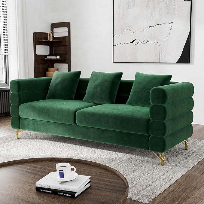 Cloud Couch for Living Room 79 Modern Overstuffed Deep Seat Velvet 3 Seater Sofa with 3 Pillows Comfy Upholstered Oversized Loveseat for Bedroom Office Emerald Green Velvet