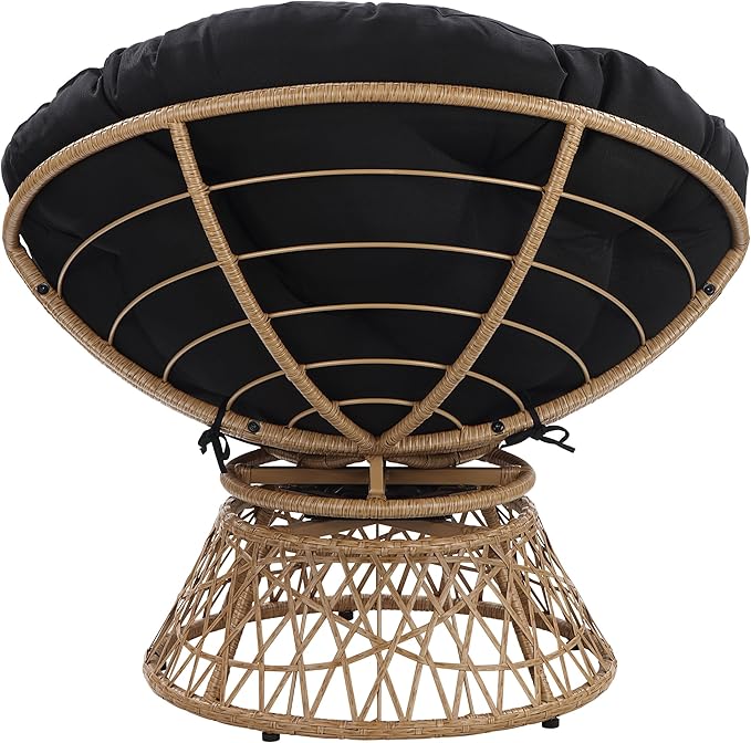 OSP Home Furnishings Wicker Papasan Chair with 360-Degree Swivel Natural Frame with Black Cushion