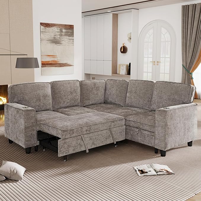 ERYE L-Shaped Symmetrical Sleeper Sectional Sofa W/Pull Out Sleeper Couch Bed and Storage Seat for Living Room Chenille Tufted Corner Convertible Sofa Bed with USB-C Ports
