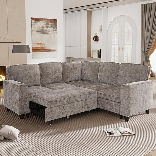 ERYE L-Shaped Symmetrical Sleeper Sectional Sofa W/Pull Out Sleeper Couch Bed and Storage Seat for Living Room Chenille Tufted Corner Convertible Sofa Bed with USB-C Ports
