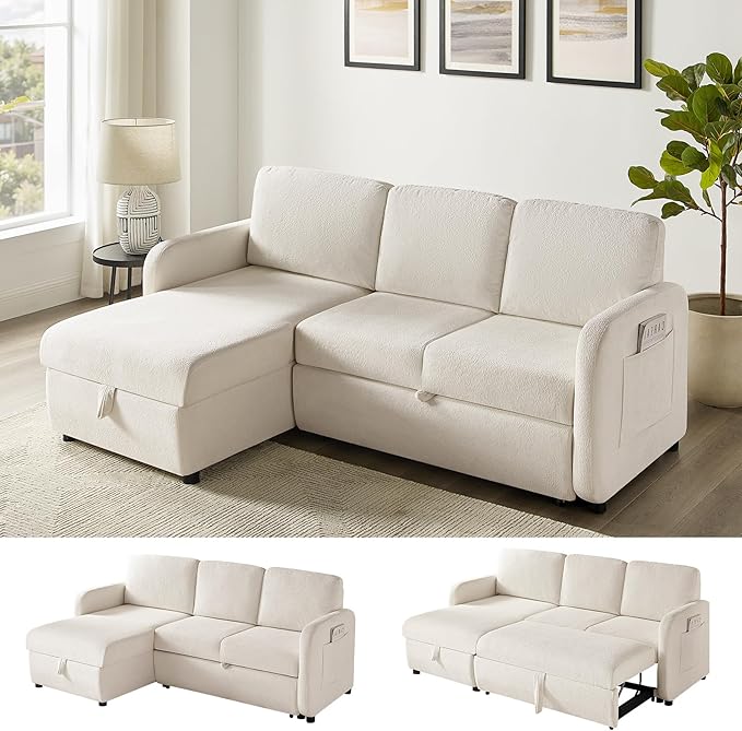 84-inch Sleeper Sofa Bed L-Shaped Corner Reversible Sleeper Sectional Sofa with Storage Chaise 2 in 1 Cloud Terry Convertible Pull Out Couch for Small Space Bedroom Apartment Office Living Room