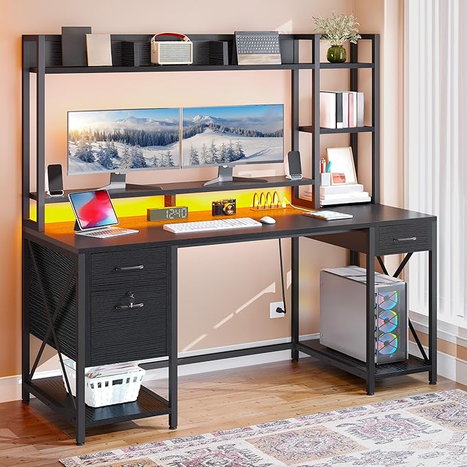 YITAHOME Computer Desk with Drawers &amp Hutch 59.1 Office Desk with LED Lights &amp Power Outlets Gaming Desk with Monitor Stand &amp Storage Shelves Black