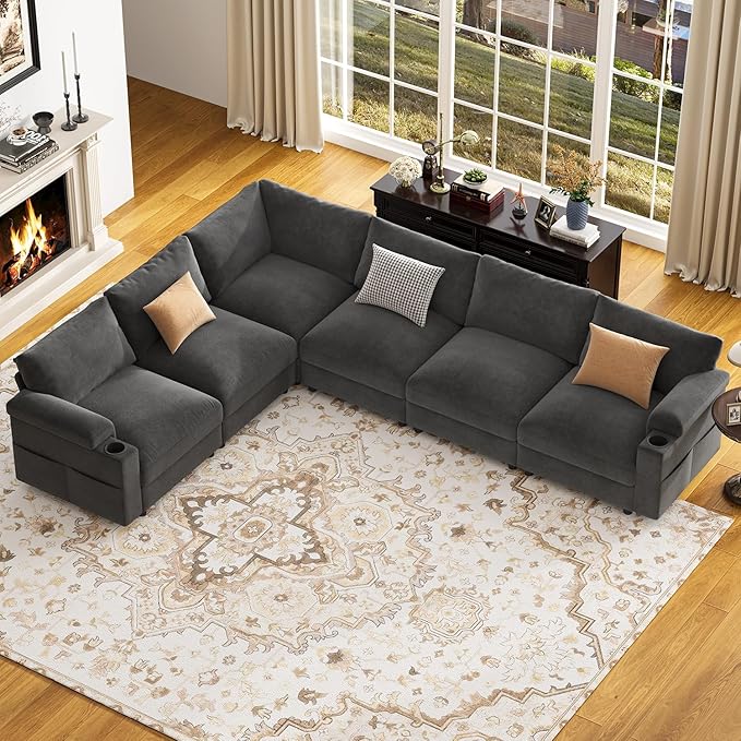 Sectional Couches for Living Room FSC Certified Velvet Modular Couch Oversized Cloud U Shaped Convertible Sleeper Sofa Chaise Detachable Armrest Cushion (Velvet Grey L Shape Corner 6 Seat)
