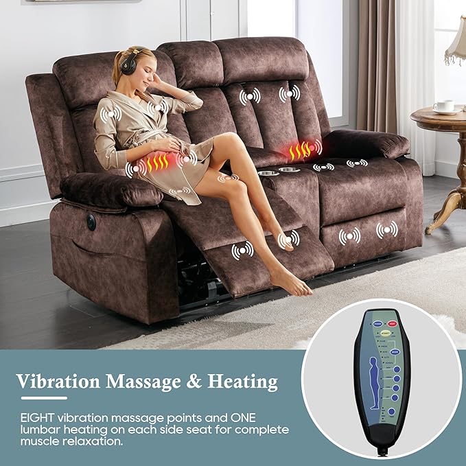Reclining Loveseat-Power Reclining Loveseat with ConsoleDouble Recliner Loveseat with Heat and MassageElectric Loveseat Recliner with Cup HoldersUSB &amp Type-C Charge Ports for Living RoomRV