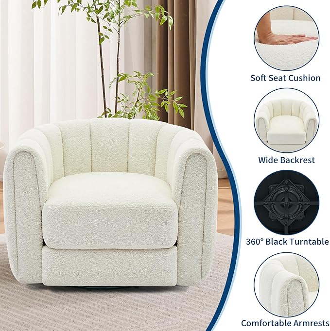 Swivel Barrel Chair - Velvet Upholstered Modern Armchair with Striped Backrest &amp Plush Padding Round Lounge Chair for Living Room Bedroom (Teddy Velvet | Beige (2 PCS))