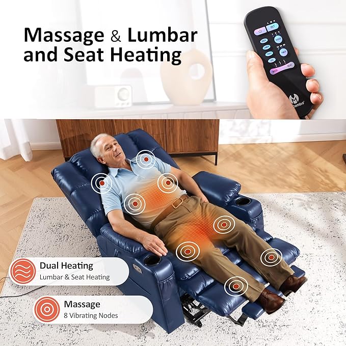 MCombo Triple Motor Power Lift Recliner Chair with Massage and Dual Heating Adjustable Headrest for Elderly People Faux Leather 7632 (Blue Medium)