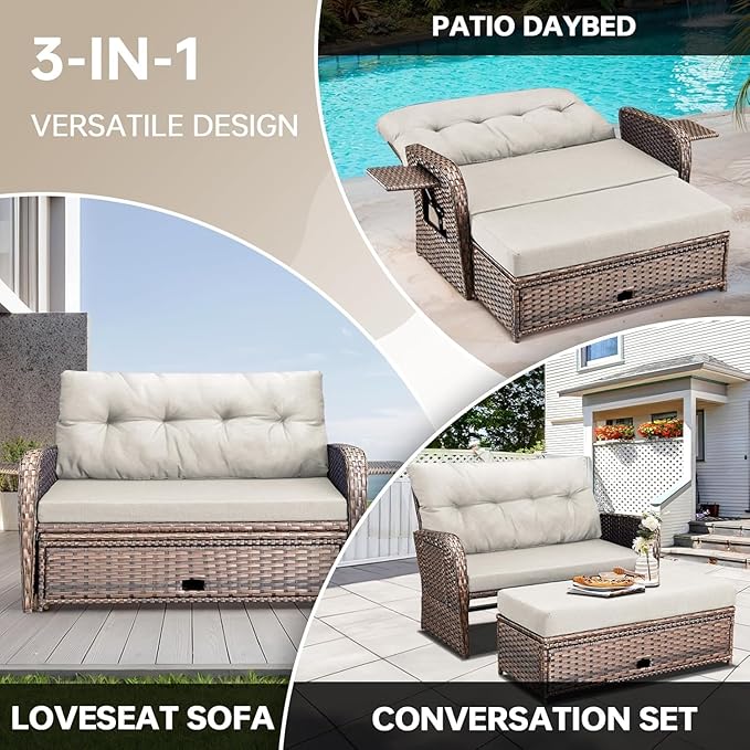 Outdoor Daybed Patio Daybed Wicker Recliner for Two with Multifunctional Recliner and Stowable Side Tray 5 Level Adjustable Backrest (Beige)