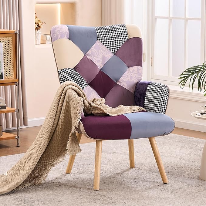 Joysoul Living Room Accent Chair Modern High Back Arm Chair Houndstooth Pattern Bohemian Style Chairs for Bedroom Waiting Room (Purple Plaid)