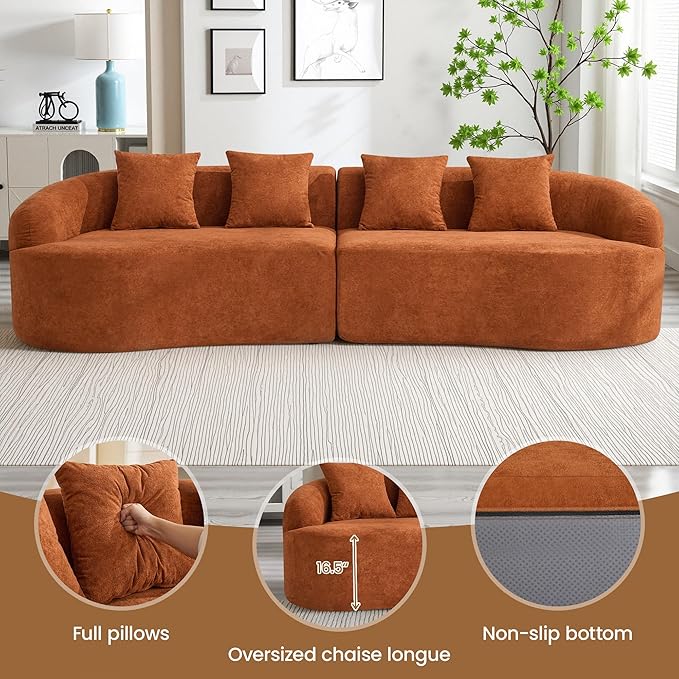 110 Boneless 4 Seater Sofa Couch Modern Oversized Curved Cloud Sofa Chenille 4-Seater Deep Seat Sectional Couches for Living Room No Assembly Orange