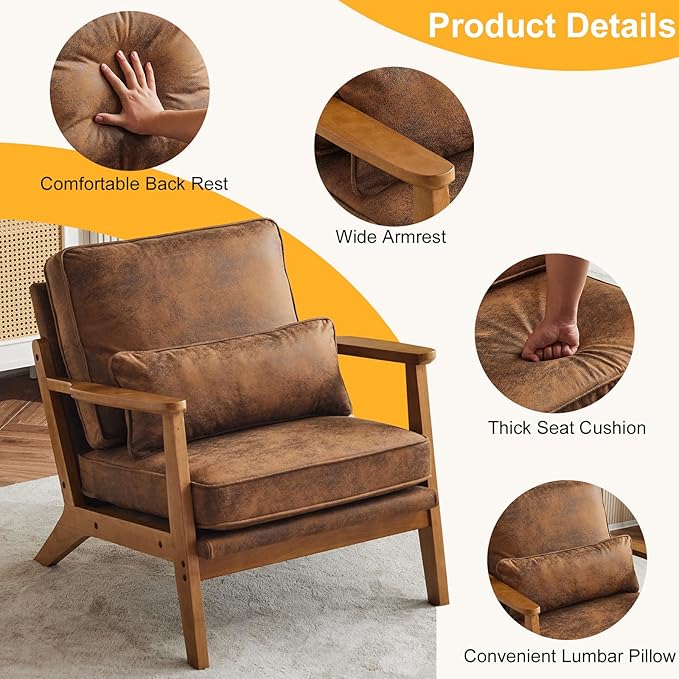 Karl home Accent Chair Wide Armrest Mid-Century Lounge Chair Bronzing Cloth Armchair with Lumbar Pillow &amp Solid Wood Frame for Living Room Bedroom Balcony Brown