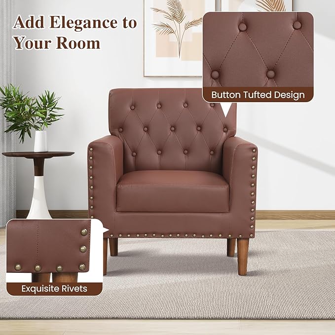 KOMFOTT Mid Century Modern Accent Chair Faux Leather Upholstered Armchair with Button Tufted Decoration &amp Rivets Rubber Wood Legs Soft Padded Seat Cushion Single Sofa for Living Room Home