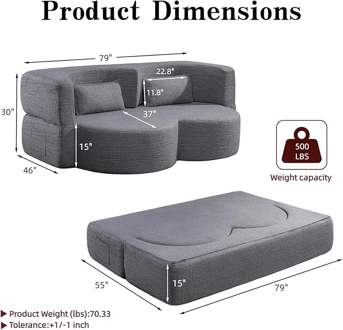79 Convertible Folding Sofa Bed 2-in-1 Twin Size Loveseat Sleeper Couch with Two Pillows &amp Side Storage PocketsSpace-Saving | Design for Apartments &amp Living Room No Assembly(Dark Grey)
