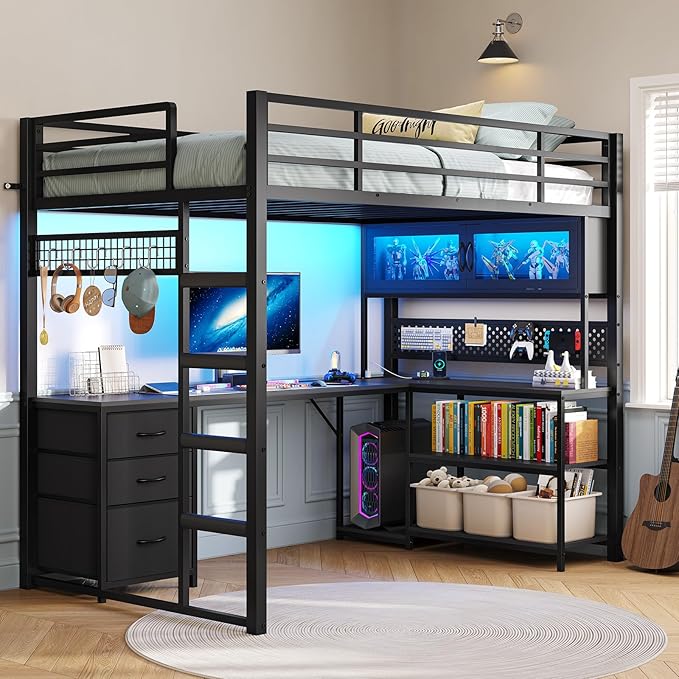 ADORNEVE Twin Size Loft Bed with L-Shaped Gaming Desk Storage Drawers &amp Hutch Expanded Safety Power Outlet Metal Loft Bed Frame with RGB Lights Space Saving for Teens Black