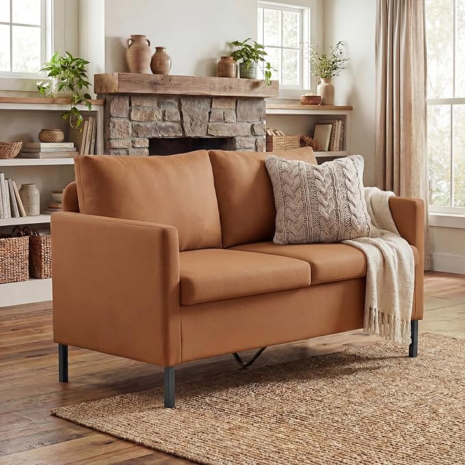 TYBOATLE Modern Faux Leather Small Couches for Small Spaces Comfy Upholstered Brown Love Seat for Dorm 2 Seater Mini Couch for Bedroom Apartment Office Brown