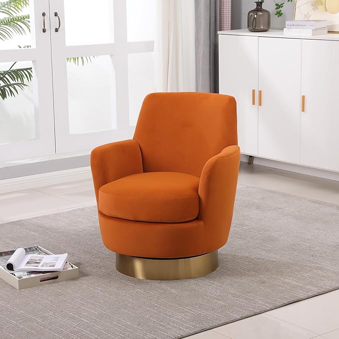 360° Swivel Barrel Accent Chair Comfy Round Accent Chairs with Gold Iron Base &amp Dual-Layer Cushion Modern Lounge Reading Armchair Upholstered Sofa Chair for Living Room Bedroom(Velvet Orange)