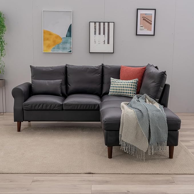 Panana Upholstered Sofa Couch Linen Fabric/Artificial Leather L Shaped Corner Sectional Modern Living Room Sofa (Black Faux Leather 5 seat Right Corner with Built-in USB Port)