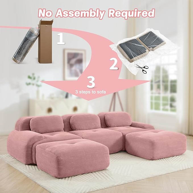 117.3 U-Shaped Cloud Couch Modular Sectional Sofa - Boneless Deep Seat 3-Seater with 2 Movable Ottomans No Assembly Corduroy Upholstery Couches for Living Room (Pink)