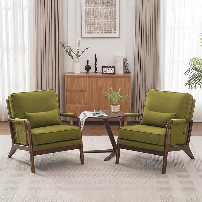 Mid Century Modern Chair Set of 2 Upholstered Lounge Arm Chair with Solid Wood Frame Comfy Accent Chair for Living Room Bedroom Reading ReceptionGreen