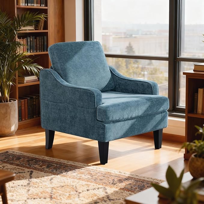 Accent Chair for Living Room Upholstered Living Room Chair with Side Pockets Comfy Accent Chairs for Bedroom Mid Century Modern Armchair for Office Apartment Waiting Room Club (Blue)