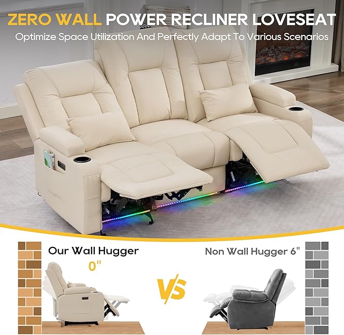 IPKIG Power Recliner Loveseat with Flip Middle Backrest Zero Wall Hugger Sofa Couch Faux Leather 3-Seater Sofa with LED Lights AC Outlets USB Ports Cup Holders Beige | Storage Drawer Electric C
