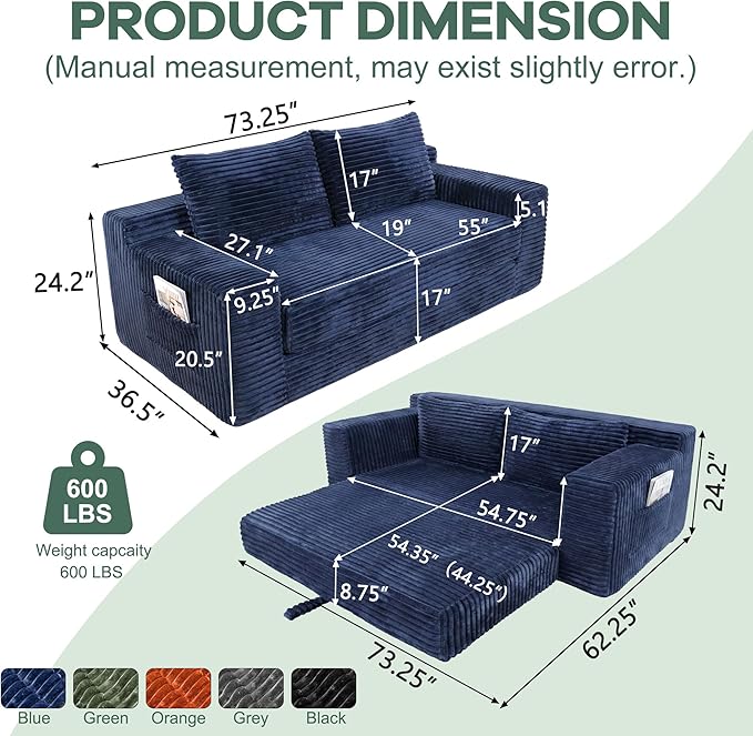73 Convertible Sofa Bed 2 in 1 Folding Couch Bed Boneless Couch in a Box Cloud Loveseat Sleeper Fold Out Comfy Floor Futon Sofa with 2 Pillows for Living Room Bedroom No Assembly (Blue 73)