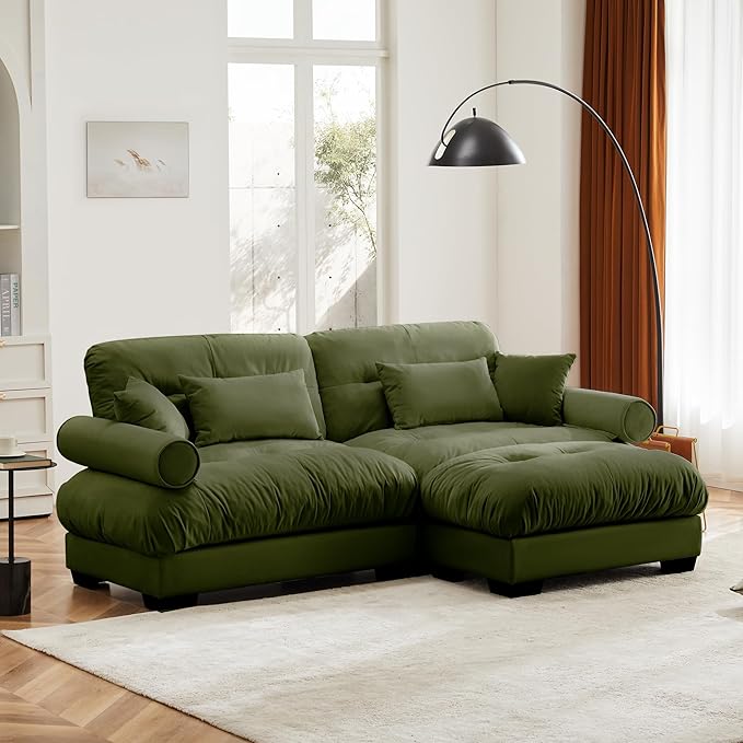Oversized Modular Sectional Sofa 93.7 Inch L Shaped Couch Set for Living Room 2-Seater Comfy Velvet Cloud Couches with Movable Ottoman Round Bolster Armrest Olive Green