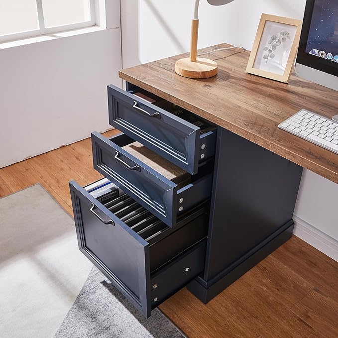 60 Farmhouse Executive Desk with Charging StationHome Office Desk with 2 Drawers &amp1 File CabinetWood Work Desk for Office and Home (Blue)