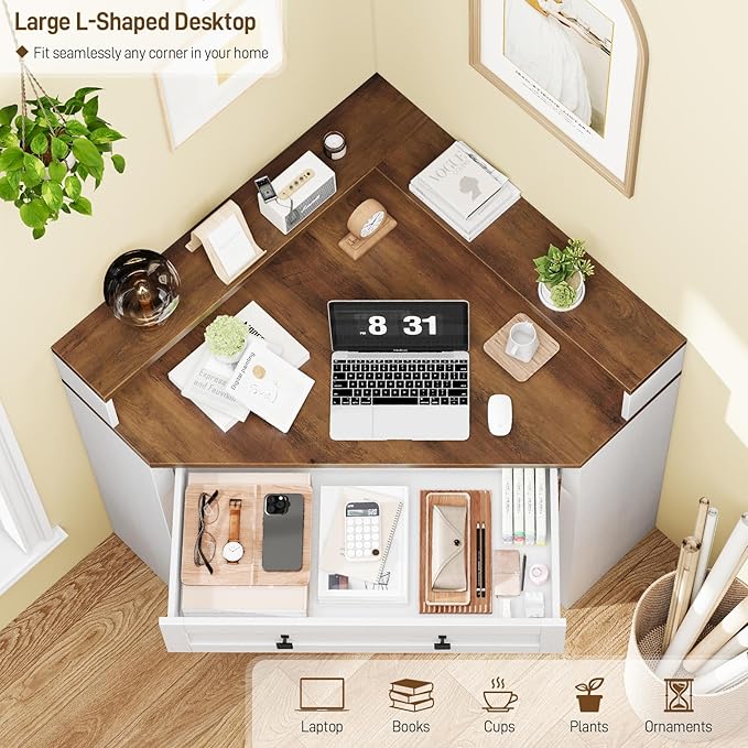 Corner Desk Triangle Computer Desk Home Office Workstation with Drawer and Monitor Stand for Small Spaces Farmhouse Corner Vanity Table for Bedroom Study Living Room (Rustic White and Brown)