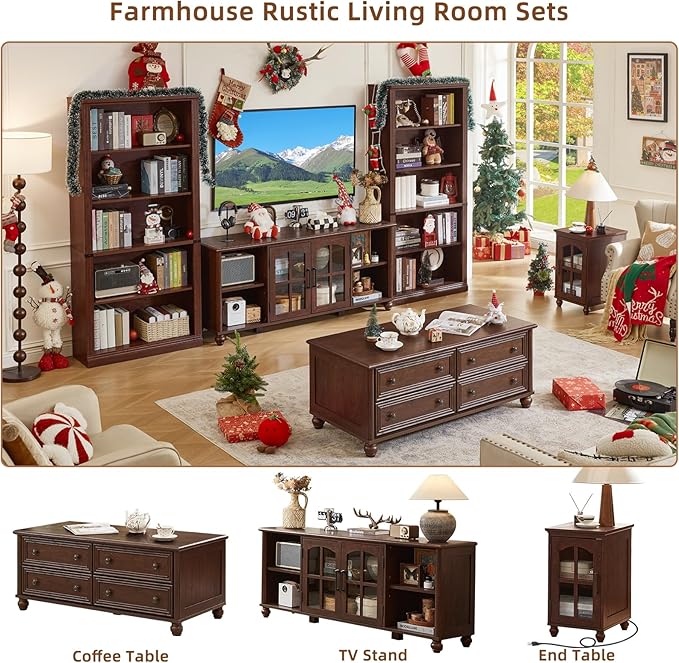 Farmhouse TV Stand for 60 Inch TV Wood Entertainment Center with Glass Door Storage Cabinet &amp Adjustable ShelvesTelevision Stands for 65 TVS TV Console Table for Living RoomBedroomWalnut