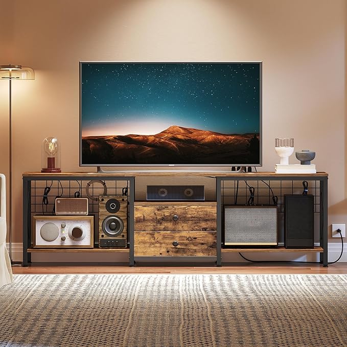 TV Stand with Power Outlet Up to 75 Inch Entertainment Center with 2 Fabric Drawers TV Console Table with Open Storage Shelves for TVs Cable Management for Living Room Bedroom DS18UBRY1
