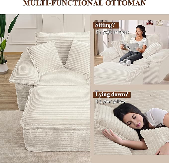 Oversized Sofa Chair with Movable 2-Layer Ottoman Corduroy Chaise Lounge Chair with Armrests Pillows Oversized Reading Accent Chairs Couch for Living Room Bedroom No Assembly (White)