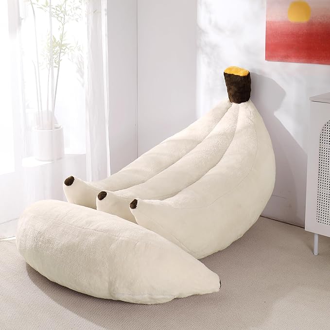 Banana Bean Bag Chair with Ottoman Floor Sofa Bed with Footrest Comfy Convertible Lounger for Adults Plush Couch for Bedroom Living Room or Dorm L-Cream