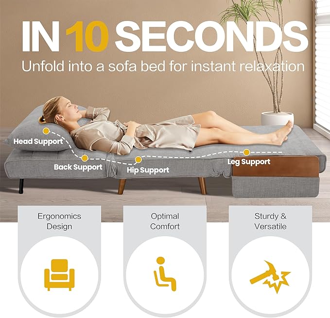 42 Convertible Sleeper Chair 3-in-1 Chair Bed Sleeper for Adults with Adjustable Backrest Pillow &amp Wooden Arms Loveseat Sofa Bed for Apartment Office Medium Gray