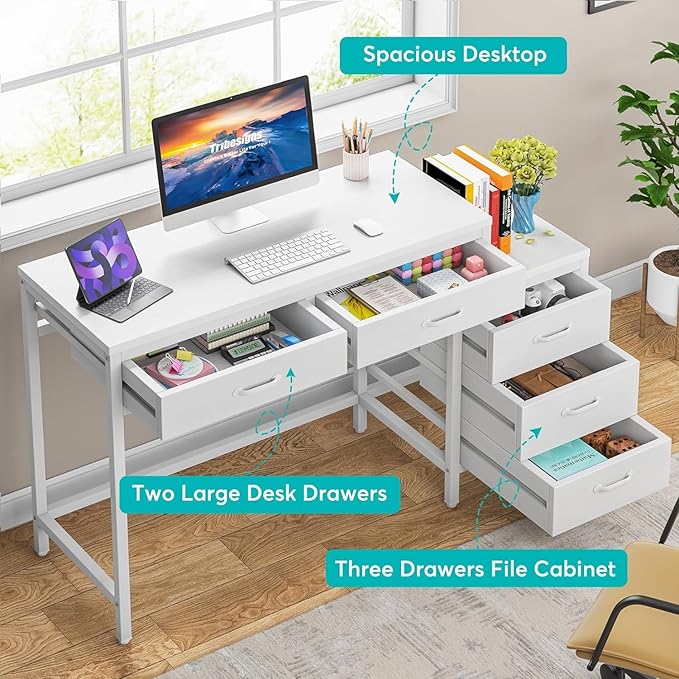 Tribesigns Computer Desk with 5 Drawers Home Office Desks with Reversible Drawer Cabinet Printer Stand Industrial PC Desk with Storage White Study Writing Table Workstation for Small Spaces