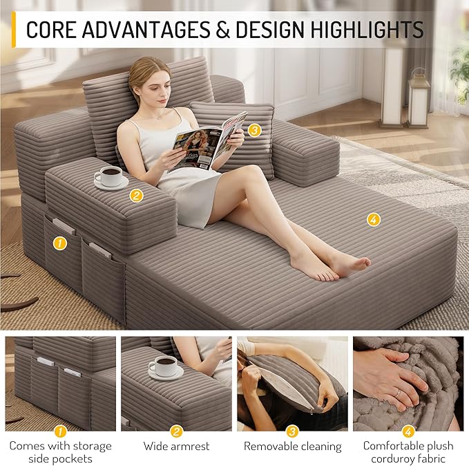 Oversized Convertible Chaise Lounge Chair Indoor Corduroy Upholstered Boneless Sleeper Sofa Bed with Side Pockets Modern Deep Seat Cloud Couch Reading Chairs for Living Room (Coffee)