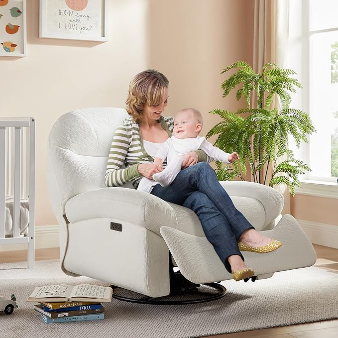 VANOMi Power Recliner Chair with Charging 270° Swivel Glider Rocker Electric Nursery Recliner for Living Room Bedroom and Office White Sets of 2