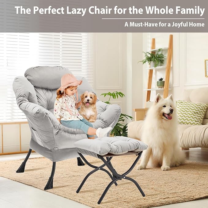 Lazy Chair with Folding Ottoman Accent Chair Velvet Upholstered with Metal Structure and Non-Slip Pads Sofa Armchair with Footrest and Side Storage Bag for Dorm Room Office Light Gray