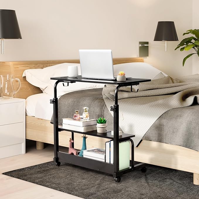Karl home 31.5 Portable Rolling Desk on WheelsHeight Adjustable Standing Desk with 2 AC Outlets/3 USB PortsMobile Laptop Table with Hooks and Storage Shelves for Home OfficeBlack