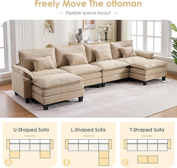 URRED Modular Cloud Couch Sectional Sofa 157 U Shaped Deep Seat Sofa with 2 Ottomans &amp Pillows Ultra Comfy Corduroy 4-Seater Sofa for Living Room Apartment or Bedroom Khaki | Corduroy Fabric
