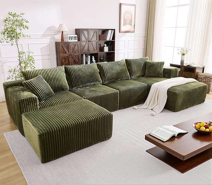 Ihanherry 139.37 Cloud Modular Sectional Couch Sofa with U-Shape Chaise and Big Ottoman with Deep Seat Upholstered Couches for Living RoomNo Assembly Required Plush Corduroy Fabric (Green)
