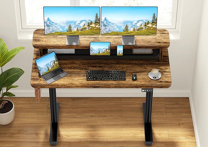 Flycity Electric Standing Desk with Dual Monitor Stand Height Adjustable Desk Sit Stand Desk with Memory Controller Casters &amp 2 Hooks Low Noise Home Office Desk (Rustic Brown 48 x 24)