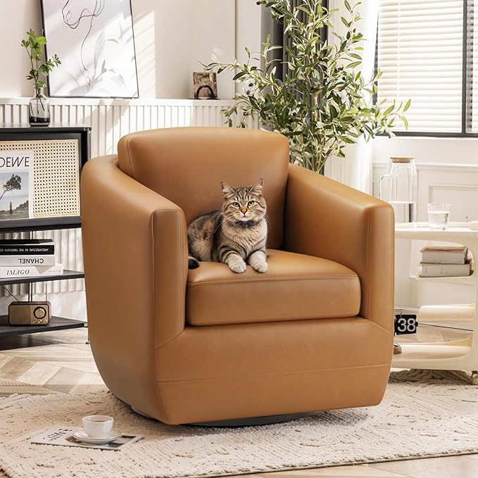 COLAMY 360° Swivel Accent Chair- Comfy Living Room Armchair No-Sag Foam &amp Sturdy Metal Base with Pillow Fully Assembled Swivel Accent Single Sofa for Bedroom Living Room Office Brown