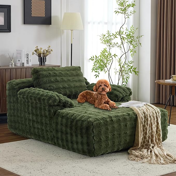 VINGLI 67.7 Oversized Chaise Lounge Chair Indoor Reading Chairs Comfy Bubble Fleece Upholstered Boneless Sofa Bed Sleeper Sofa Cloud Couches for Living Room Bedroom Play Room (Green)