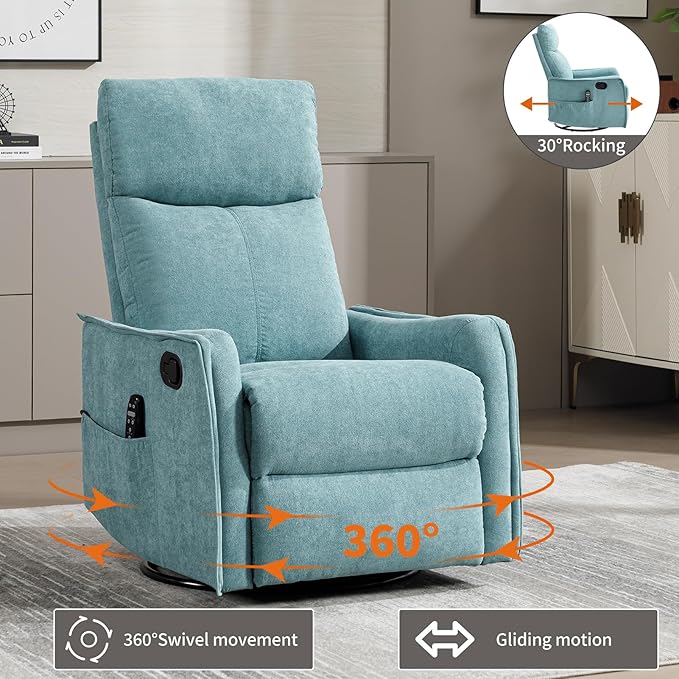 Rocking Recliner Chair with Heat and Massage 360° Swivel Glider Rocker with Reclining Backrest and Footrest Modern Nursery Rocking Chairs for Adults for Bedroom Living Room Office (Blue-Green)