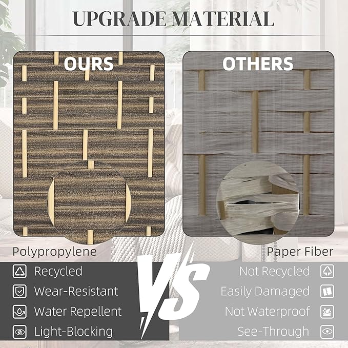 HOMCOM Room Divider 6 Ft 6 Panel Folding Privacy Screen Hand-Woven PP Wall Partition with Pine Wood Frame Freestanding Room Separator for Bedroom Home Office No Assembly Dark Rustic Oak