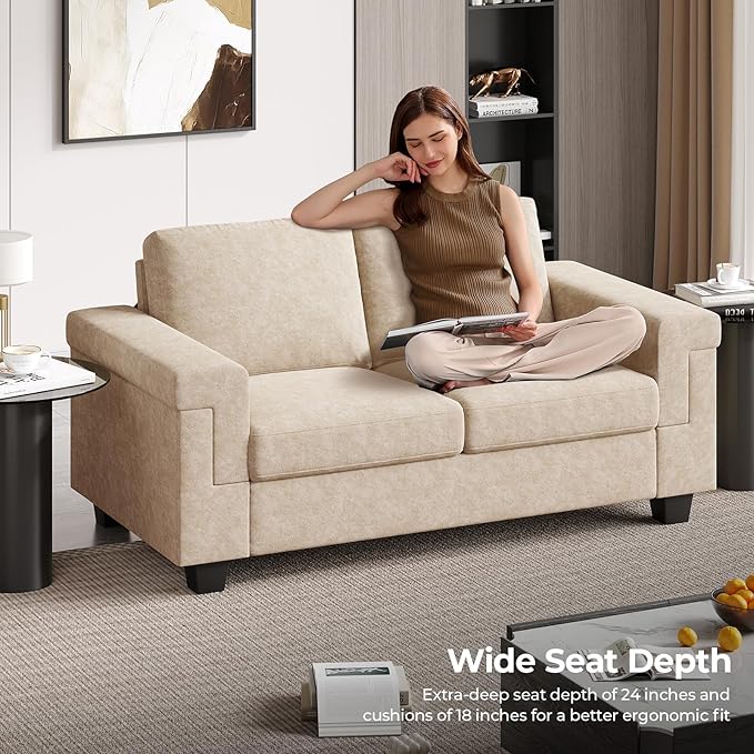 2 Seater Sofa Couch with Deep Seat 64 Modern Upholstered Loveseat Sofa with Armrests Easy Installation Comfy Couches for Living Room Apartment Beige