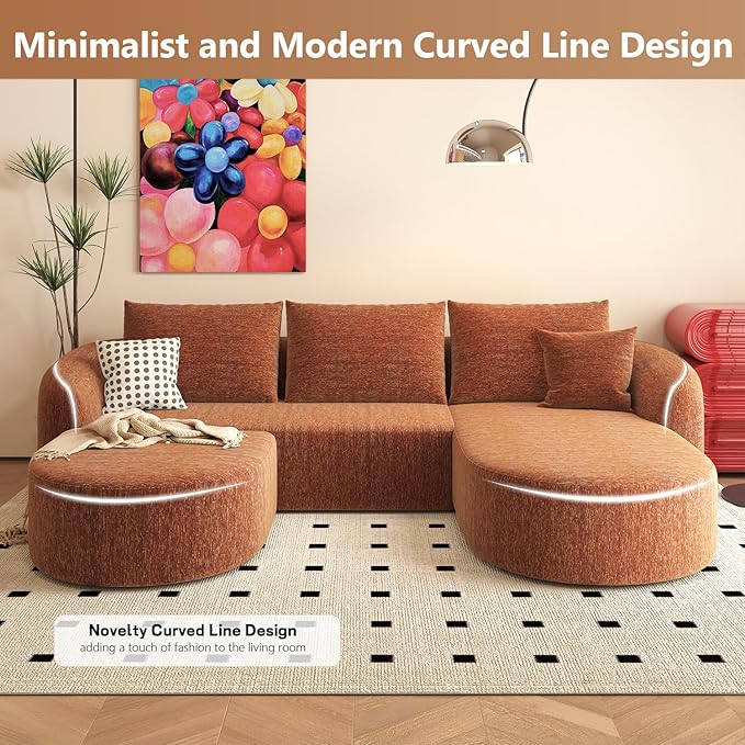 111 U Shaped Modern Modular Sectional Curved Sofa with Ottoman Minimalist Style Comfy Cloud Couch for Living Room Apartment No Assembly Required Boneless Couches (OrangeRight Facing Chaise)