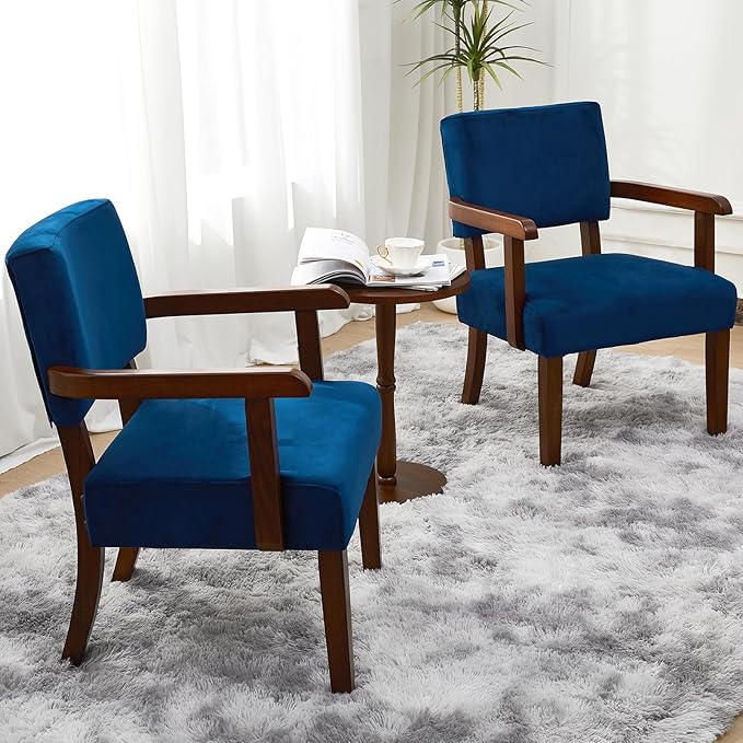 Accent Chair Set of 2 with Table Living Room Chairs with Velvet Soft Seat &amp Armrests for Living Room Bedroom Reading Room Waiting Room (Velvet Navy)